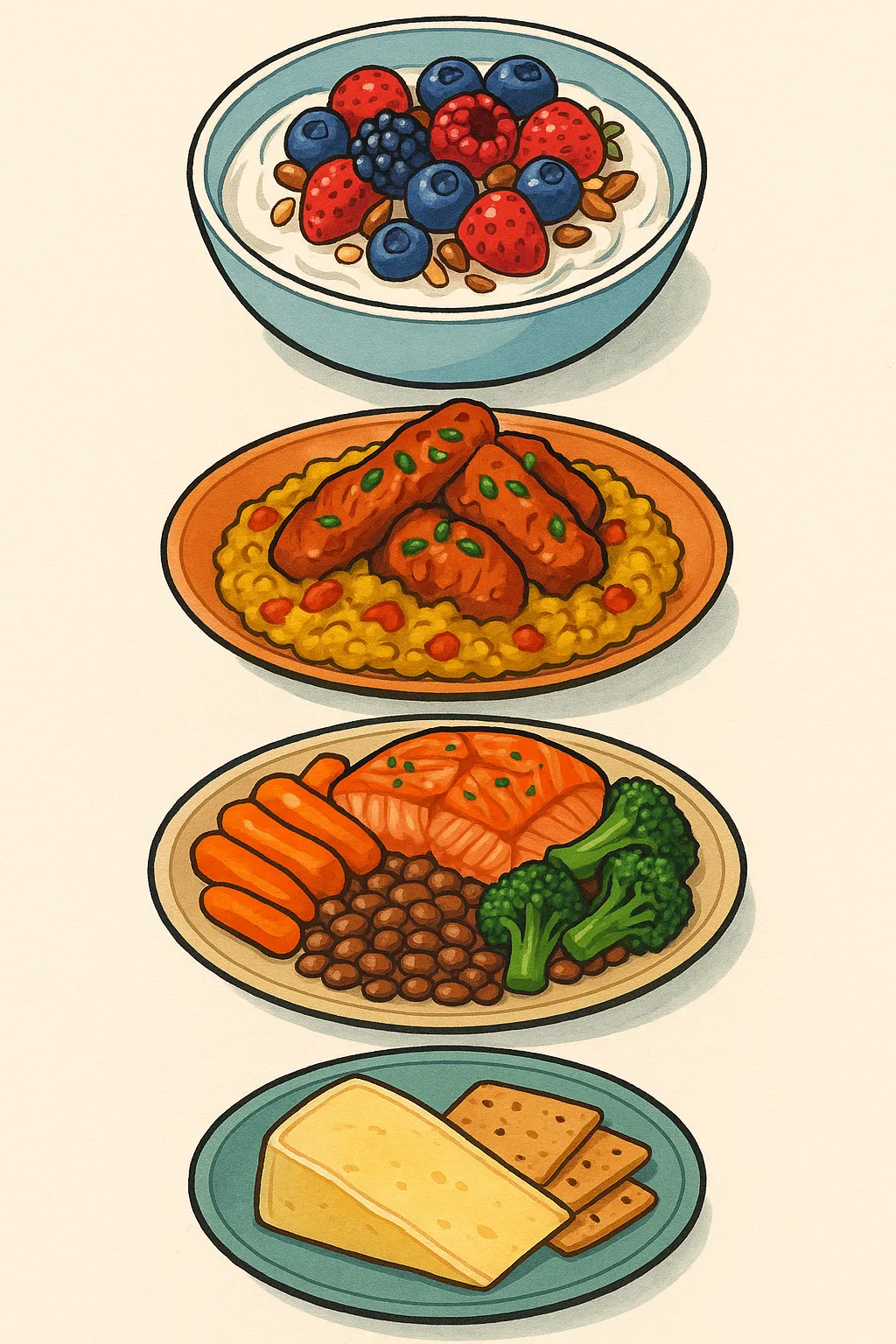 Balanced plant-forward meals with yoghurt and berries, tandoori chicken on dhal, salmon dinner, and cheese with biscuits