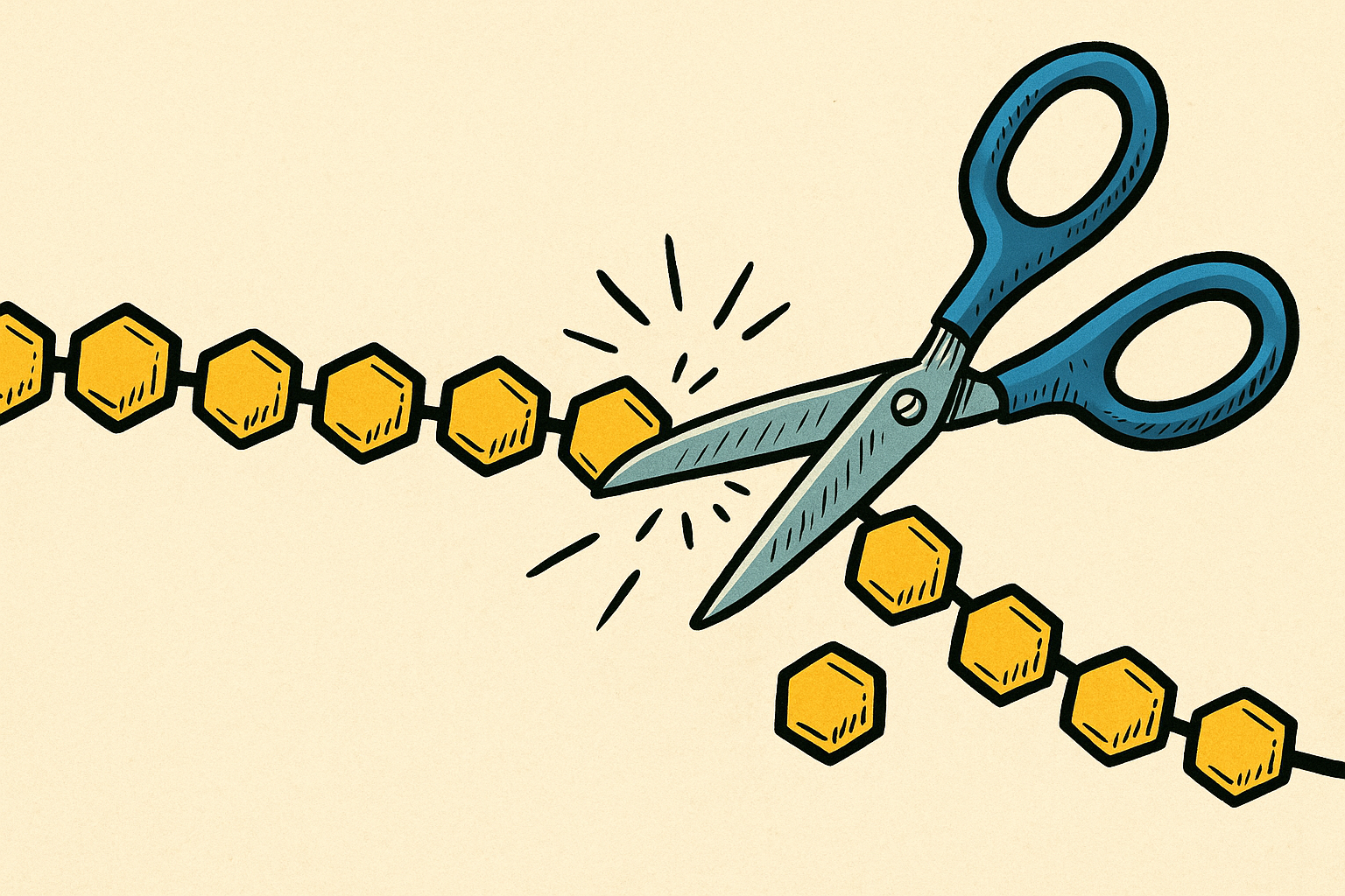 European comic style glucose chain being cut by scissors, illustrating carbohydrate breakdown.