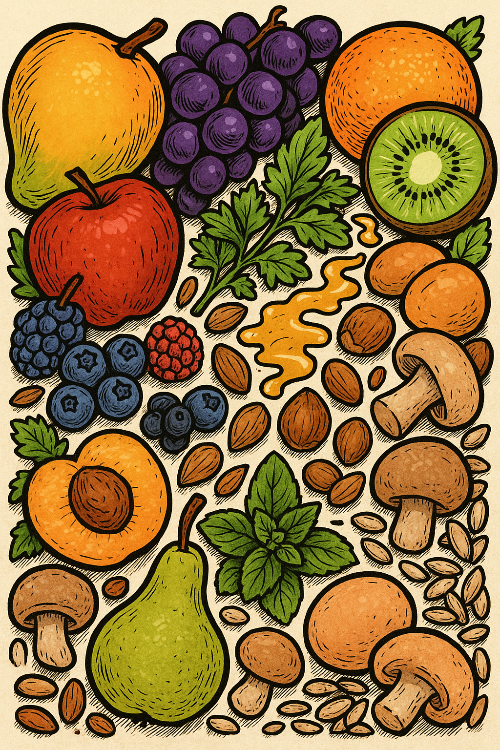 Fruits, nuts, seeds, and mushrooms — colourful extras for the week