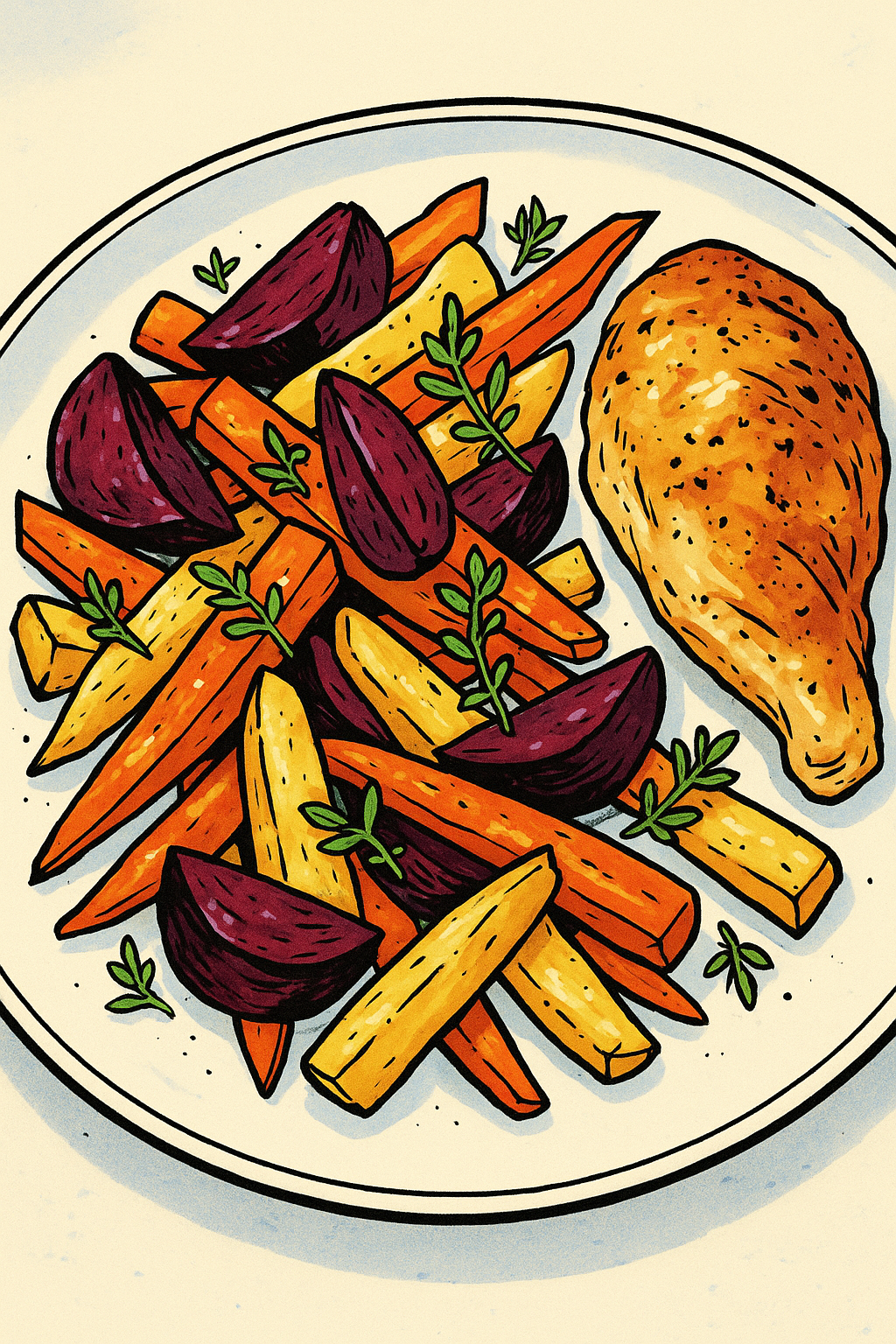 Roast Roots dinner with beetroot, parsnip, carrot, and herbs