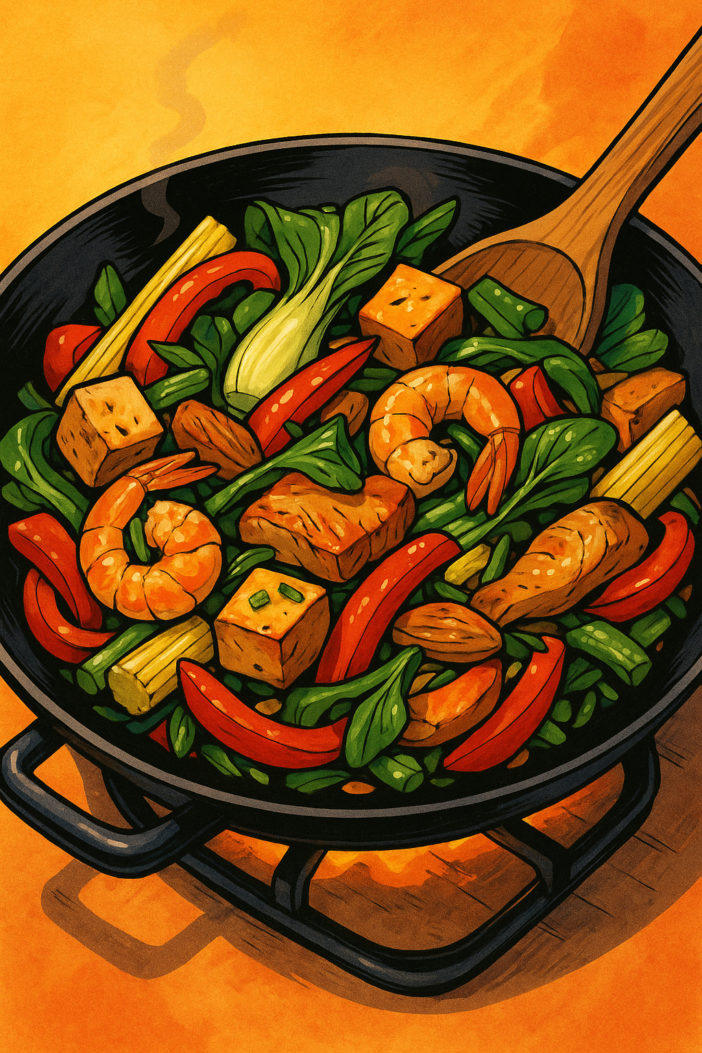 Thai-style stir-fry with red peppers, yellow baby corn, and green pak choi