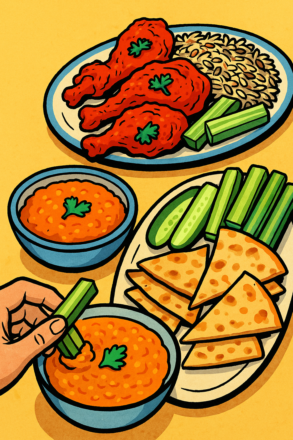 Red lentil dal with tandoori chicken, wild rice, and dal as a dip with celery, cucumber, and flatbread