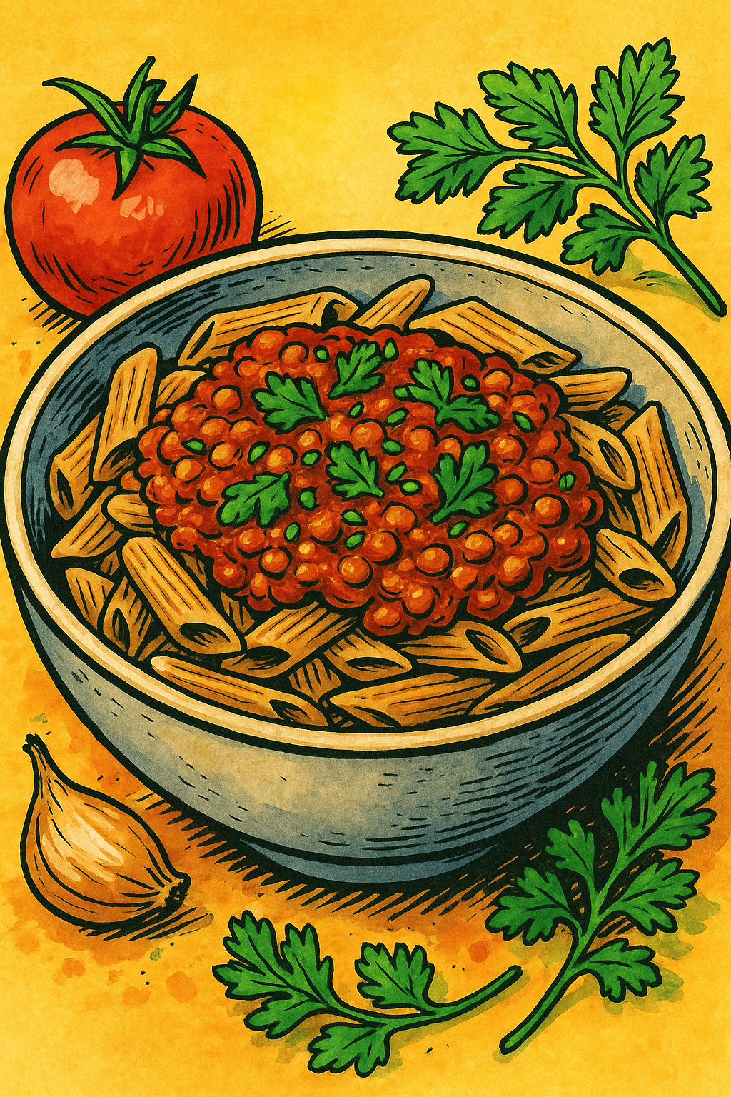 Lentil bolognese with wholegrain pasta, herbs, and tomato sauce
