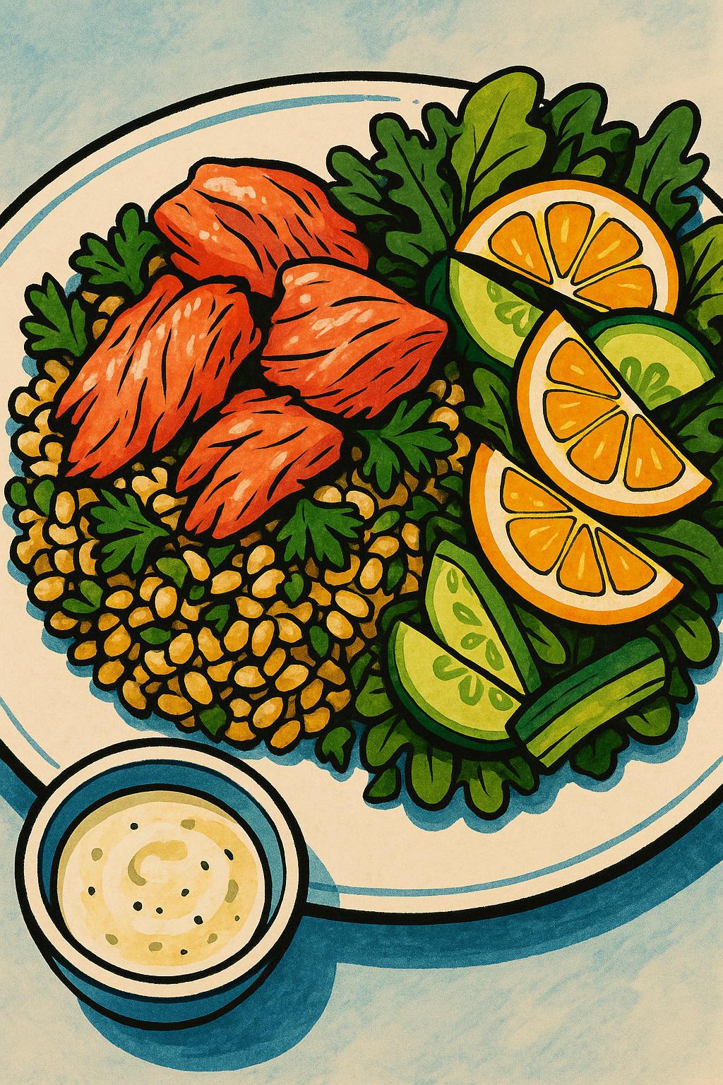 Warm smoked salmon with pearl barley, parsley, citrus salad, and yoghurt sauce